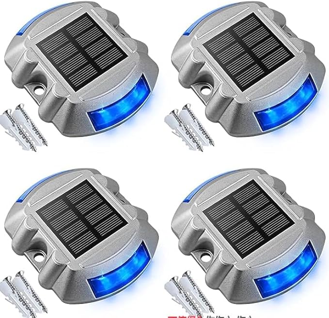 VOLISUN Solar Deck Lights Driveway Dock Lights, 4-Pack Led IP68 Waterproof Outdoor Warning Step Light for Driveway Sidewalk Garden Pathway Yard(Blue)