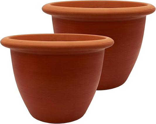 The HC Companies Sevilla Flower Planters - Outdoor & Indoor Planter - Round Self Watering Plant Pots for Herbs & More (16”, Sunset Terra Cotta, Pack of 2)