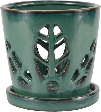 W&W Orchid Pot with Holes and Saucer for Repotting, Green, 5.5 Inches