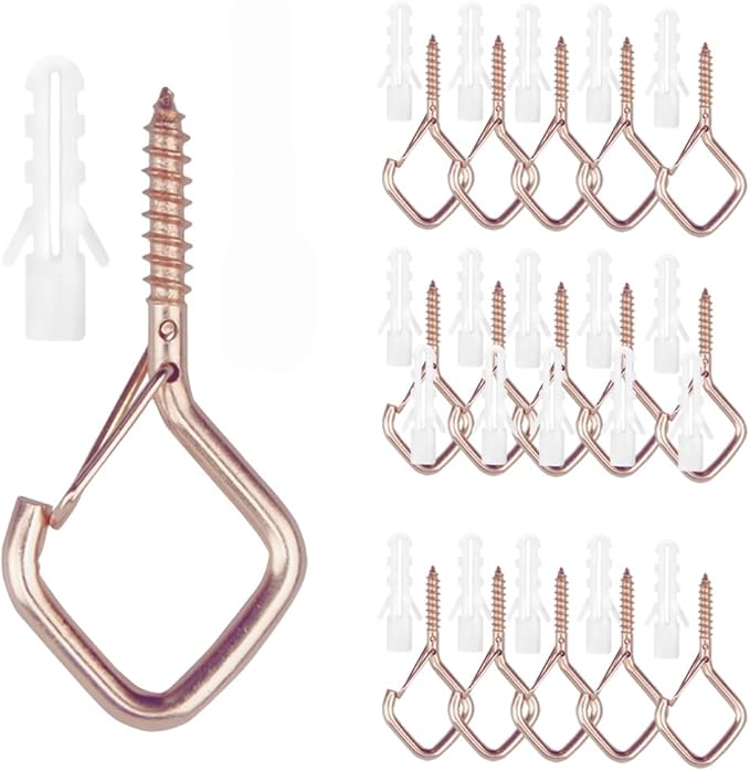 12-Pack Heavy-Duty Rose Gold Screw Eye Hooks with Safety Clips | Metal Ceiling Hooks for Hanging Plants, Wind Chimes, Bird Feeders & Indoor/Outdoor Lights