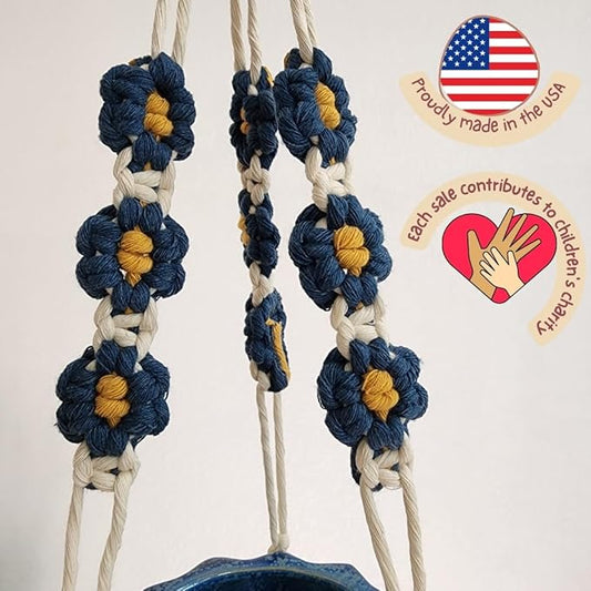 Macrame plant hanger with Daisies | Hanging plant holder | Macrame Plant hangers outdoor and indoor hanging planters Plant stand indoor Boho Decor hanging planter stand/plant shelf (Peacock Blue)