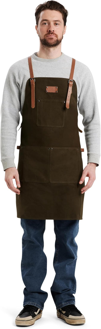 Theodore Waxed Canvas Work Apron - Cross Back with Leather Straps, 14oz Heavy Duty Canvas, Multi-Pocket Utility