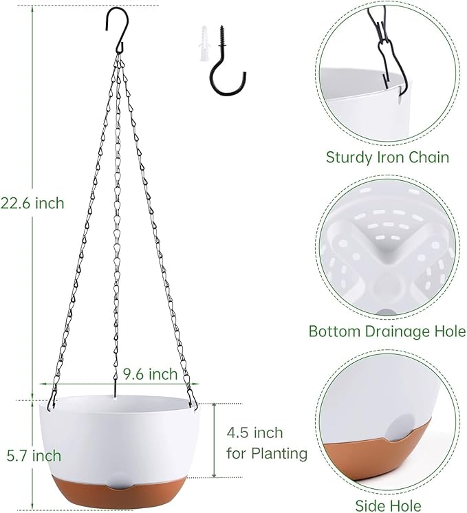 Hanging Planters for Indoor Plants, Set of 2 8/10 Inch Self-Watering Hanging Pots with Drainage Hole & Removable Water-Storage Tray II Screw-in Hooks II