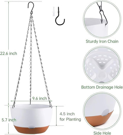 Hanging Planters for Indoor Plants, Set of 2 8/10 Inch Self-Watering Hanging Pots with Drainage Hole & Removable Water-Storage Tray II Screw-in Hooks II