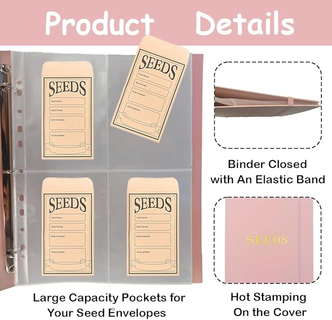Seed Storage Organizer Binder,3 Ring Seed Packet Organizer with 100 Pockets(25 Pack Clear Sheet Protectors), Garden Seed Holder Book for Envelopes, Seed Saving Keeper, Pink