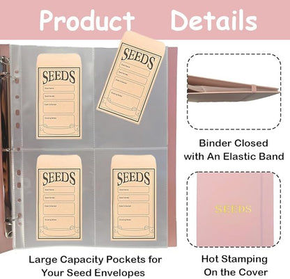 Seed Storage Organizer Binder,3 Ring Seed Packet Organizer with 100 Pockets(25 Pack Clear Sheet Protectors), Garden Seed Holder Book for Envelopes, Seed Saving Keeper, Pink
