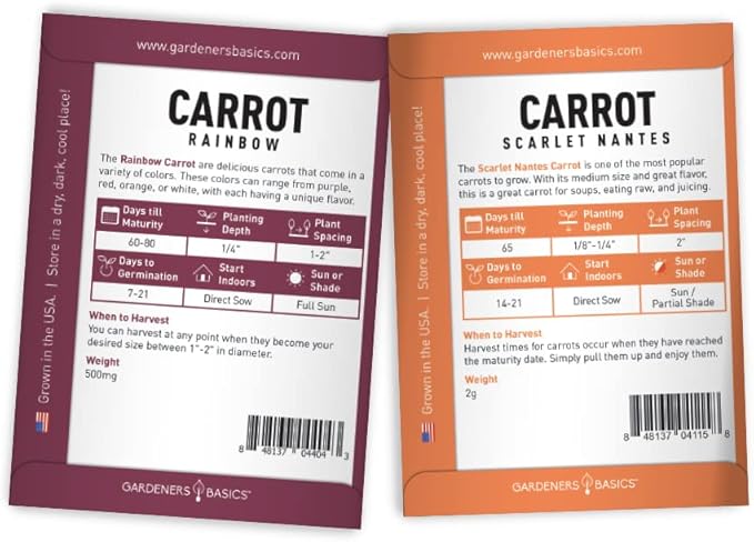 Gardeners Basics, Carrot Seeds for Planting Home Garden - 5 Variety Pack Rainbow, Imperator 58, Scarlet Nantes, Bambino and Royal Chantenay Great for Spring, Summer, Fall, Heirloom Carrot Seeds