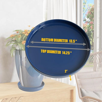 Ceramic Plant Saucer Blue Deep Glazing Pot Tray - 15 inch1 Pack, Planter Saucers Water Drip Trays for Indoors Outdoor, Thick Durable Sturdy Flower Pot Saucers for Glazing Pots Base, (15"/13.5"-Size)