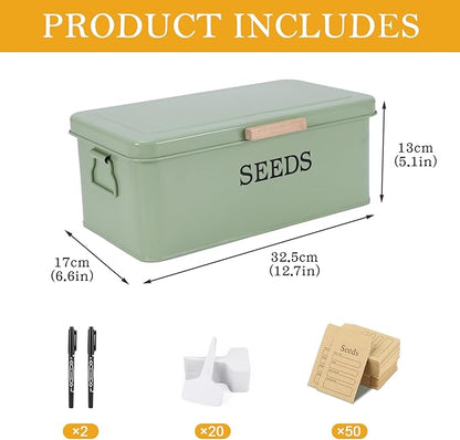 Seed Storage Organizer with 4 Dividers,Metal Seed Saving Box with Lid, Seeds Bin Storage Container Kit with 2 Pens,20 Plant Labels and 50 Seeds Envelopes, Perfect for Flower Plants Garden