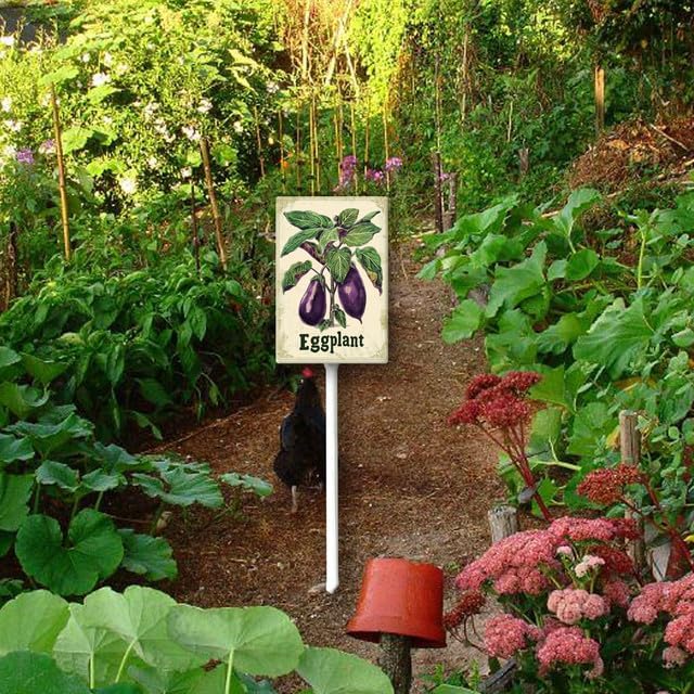 Uptell Vintage Vegetable Signs for Garden with Stake Eggplant Yard Sign Vegetable Garden Label Stakes Plant Markers for Outdoor Plants Waterproof 8.8x7inch