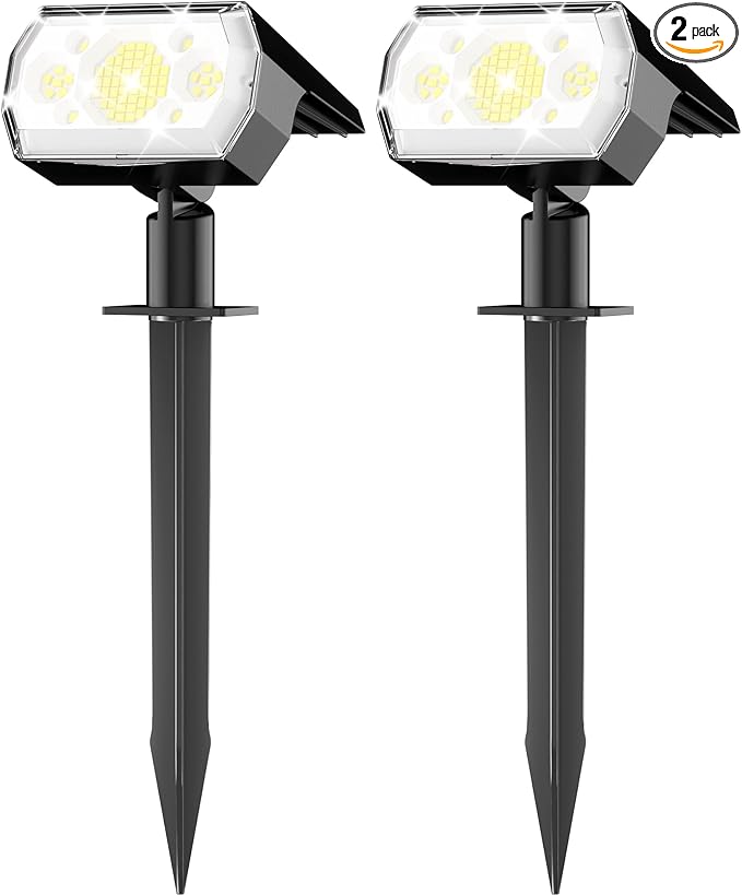 hyrion Solar Spot Lights Outdoor Waterproof, 64 LEDs Bright Solar Spotlights, 3 Lighting Modes Landscape Lights Dusk to Dawn for Outside Yard Tree Garden Pathway, Cool White, 2 Pack