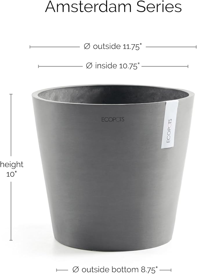 Ecopots Amsterdam Durable Modern Round Indoor/Outdoor Recycled-Based Composite Flower Pot Planter, Grey, 12"