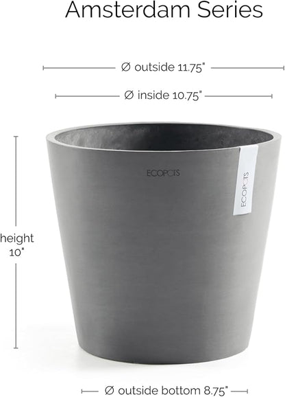 Ecopots Amsterdam Durable Modern Round Indoor/Outdoor Recycled-Based Composite Flower Pot Planter, Grey, 12"