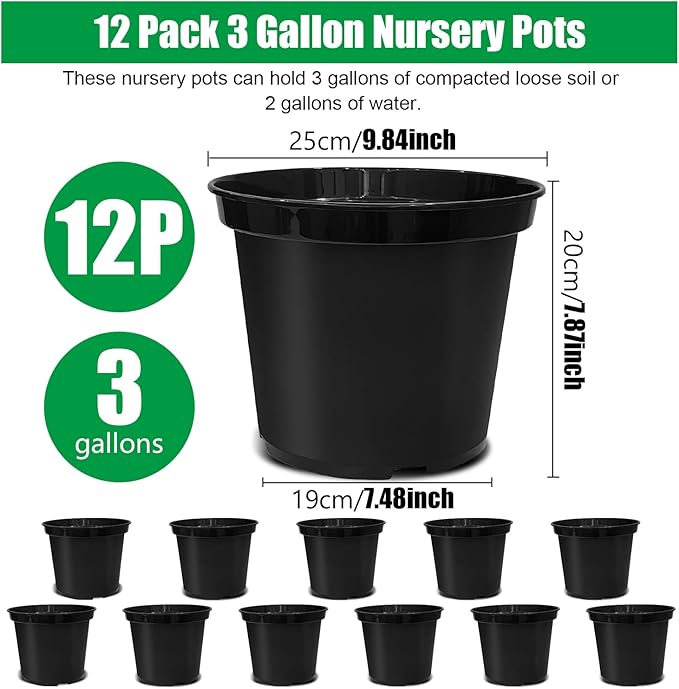 BTPLASTIK 3 Gallon Nursery Pots, 10 Inch Thickened Plant Pots with Drainage Holes, Plastic Round Planter for Outdoor Indoor Plants (12-Pack, Black)
