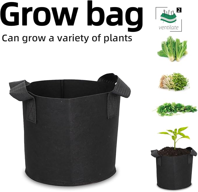 Grow Bags,Growing Pot Bags Garden Grow Bag Indoor Outdoor Fabric Aeration Plant Pot Container Flower Vegetable Pouch (Black,2 Gallon)