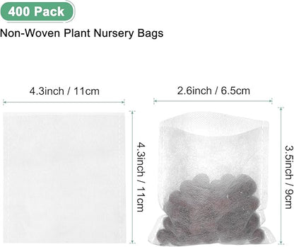 400-Pack Nursery Growing Bags, 4.3" x 4.3" Non-Woven Plant Nursery Bags, Fabric Seeding Pots Pouch for Seed Starting/Soil Transplant/Home Garden Supply [White]