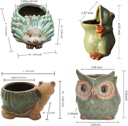 4pcs Green Animal Shaped Planter Small Succulent Pot Small Succulent Pots with Drainage, Ceramic Animal Planter, Indoor Plant Container Planter with Drainage Hole Home Office Desk Garden Gift
