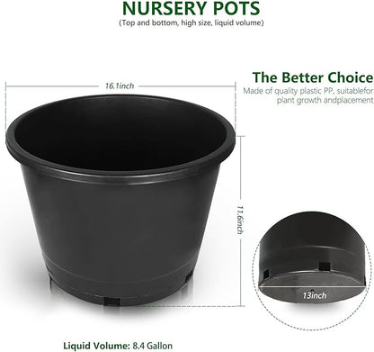 5-Pack 8.4 Gallon Round Planter Nursery Pots, Flower Plant Container Injection Molded Plastic Nursery Pot Gardening Pots for Indoor Outdoor Vegetables, Succulents, Black