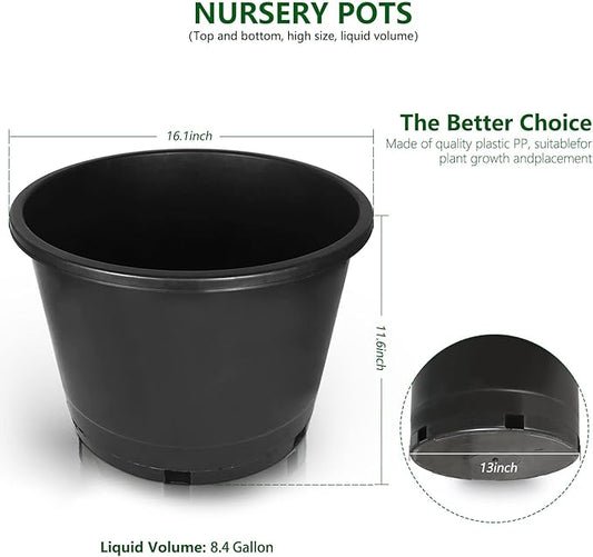 10-Pack 8.4 Gallon Round Planter Nursery Pots, Flower Plant Container Injection Molded Plastic Nursery Pots Gardening Pots for Indoor Outdoor Vegetables, Succulents, Black