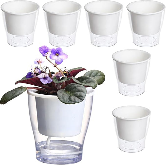 6-Pack 7 Inch Large Self-Watering Planters - Clear African Violet Pots, Plastic, Wick, Orchid Pots - Indoor Plants