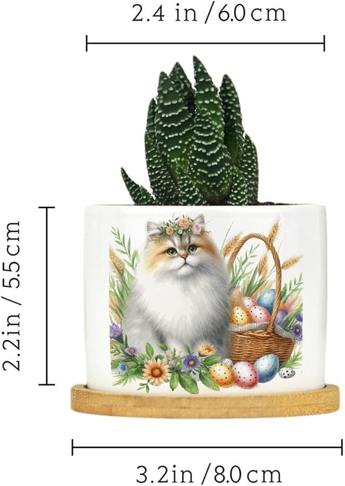 DreamAutumn Watercolor Easter Cat Ceramic Flower Pots,Gardening Plant Pot with Drainage Holes and Saucers Round Ceramic Pots for Indoor Plants Succulent Herbs Cactus Pots for Dad Papa Grandpa
