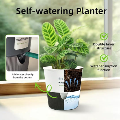 5/6.5/7.5 Inch Self Watering Pots for Indoor/Outdoor,2 Pack Plastic Planters for Indoor Plants with Drainage Holes and Saucers, Modern Decorative Flower Pot for Plants (White, 5 inch)