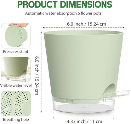 Self Watering Pots for Plants, 2026 New Flower Plant Pots with Drainage Holes, Wicking and Clear Reservoirs for Succulent, Aloe, Cacti and Others - 6 Pack (Green, 6")
