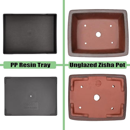 MUZHI Decorative Ceramic Bonsai Planter Pot 8.5 Inch with Tray, Breathable Unglazed Rectangle Terracotta Clay Pot for Tree Succulent Cactus Indoor Outdoor Red Brown