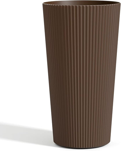 FONTOI 23.6" Tall Planter for Outdoor Plants Set of 2 Large Outdoor Plastic Striped Flower Pots, Front Porch Furniture, Garden Pots, Decorative Planters for Indoor/Outdoor, Patio, Balcony, Brown