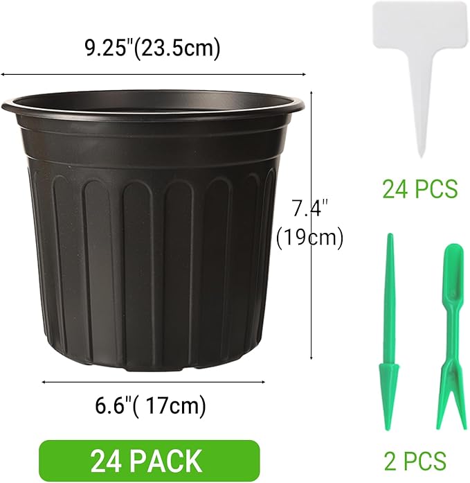 24 Pack 2 Gallon Nursery Pots, Thickened Soft Black Plastic Plant Pots with 24Pcs Waterproof Plastic T-Type Plant Tags and 2Pcs/Set Transplanting Digging Mini Tools