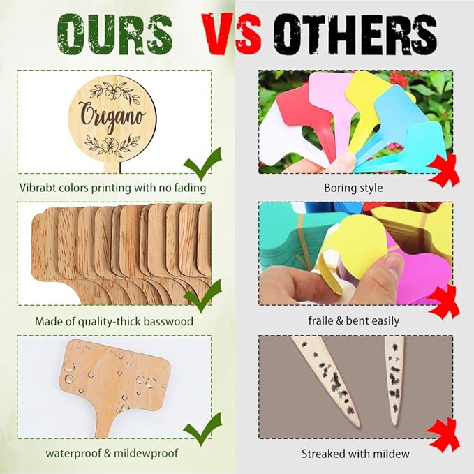 arricraft 15 Pcs Herb Plant Labels, Wooden Markers Round Shape Tags Garden Labels with Printed Leaf Decoration Wood Garden Stakes for Indoor and Outdoor Potted Seed Herbs and Herb Unique Funny Gifts