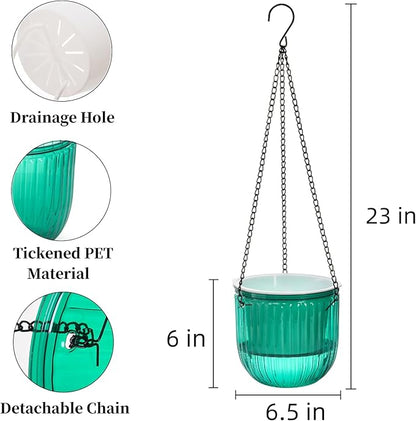 3 Pack Self Watering Hanging Planters, 6.5 Inch Hanging Flower Pot with Drainage Hole, Plastic Hanging Basket with 3 Hooks Chains, Plant Hanger for Indoor Outdoor Plants, Herbs (3 Colors)