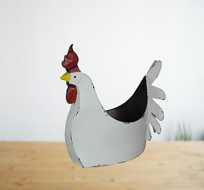 Zeckos Rustic White Finish Metal Rooster Planter - Indoor/Outdoor Decorative Flower Pot for Home and Garden - 15.5 Inches Long - Farmhouse Style Accent Piece