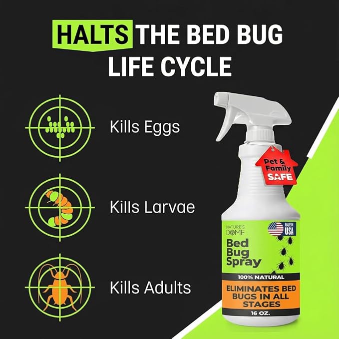 Nature's Dome Bed Bug Spray – 100% Kill Rate, 16 OZ Natural Bed Bug & Mite Killer, Destroys Eggs, Kills Resistant Strains, Long-Lasting Protection, Safe for Home Use