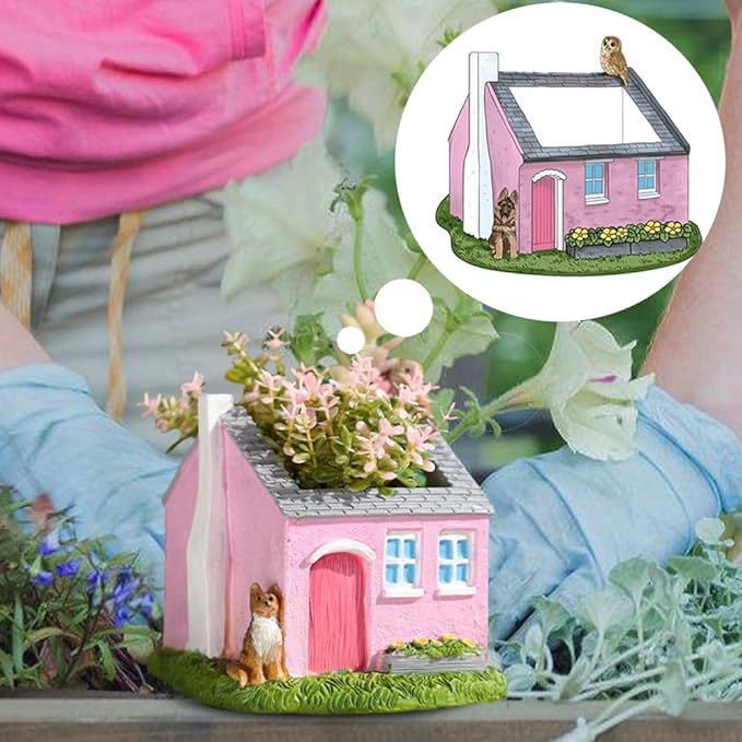 Creative Garden House Plants Flower Pot with Drainage Holes,Cute Dog Succulent Plant Pot Decorated Desk,Garden,Living Room (Red House)