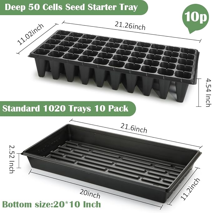 10 Pack 1020 Trays and 10 Pack 3.5" Deep 50 Cell Seed Starter Trays, 20" x 10" - Durable Plastic Nursery Flats for Microgreens, Seedling,Seed Germination & Plant Propagation (10 Set)