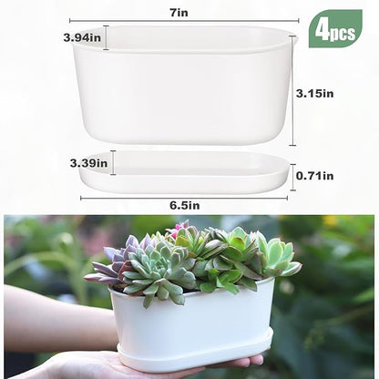 Set of 4 White Oval Window Sill Planters with Drainage Holes and Trays（7 Inch） for Herbs Basil Orchids Succulents, Modern Herb Garden Planter for Indoor/Outdoor Plants