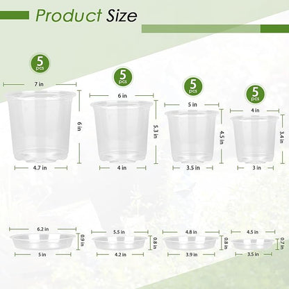4/5/6/7 Inch Clear Nursery Pots for Plants with Sacuers 20 Pack, Plastic Flower Pots with Drainage Holes, Variety Pack Seedlings Garden Pot for Indoor Outdoor (4+5+6+7 inch)