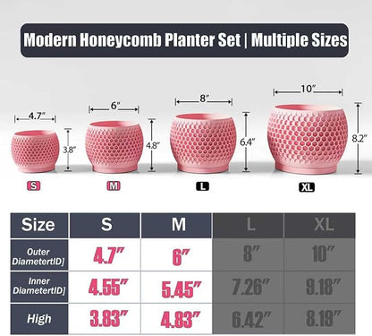 Plant Pots, Modern 3D Printed Honeycomb Planters for Indoor Plants, 4.7/6 Inch Cherry Pink Decorative Flower Pot for Office Desktop, Bookshelf & Home Decor, Lightweight & Durable.