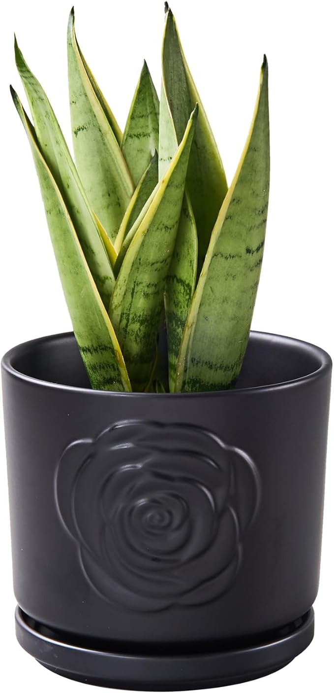 Ekirlin 7 inch Plant Pots,Ceramic Rose Flower Planters Indoor,Modern Succulents Containers with Drain Hole Saucer,Weatherproof Pot for Decorate Home,Office & Outdoor (Black)