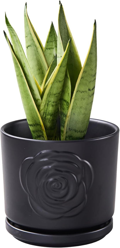 Ekirlin 7 inch Plant Pots,Ceramic Rose Flower Planters Indoor,Modern Succulents Containers with Drain Hole Saucer,Weatherproof Pot for Decorate Home,Office & Outdoor (Black)