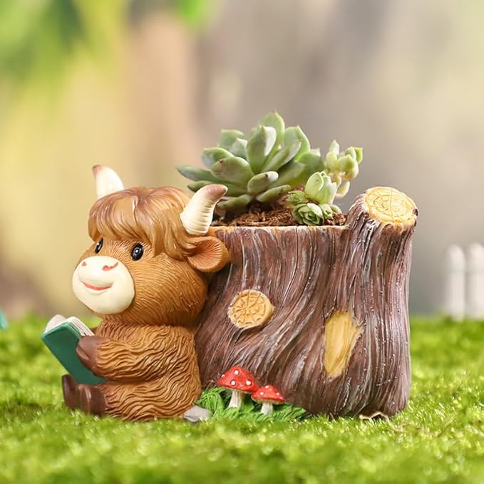 Highland Cow Succulent Planter with Drainage Hole & Plug, Mini Resin Cow Flower Pot for Indoor Outdoor Plants, Cute Animal Planter for Home & Garden Decor (A)