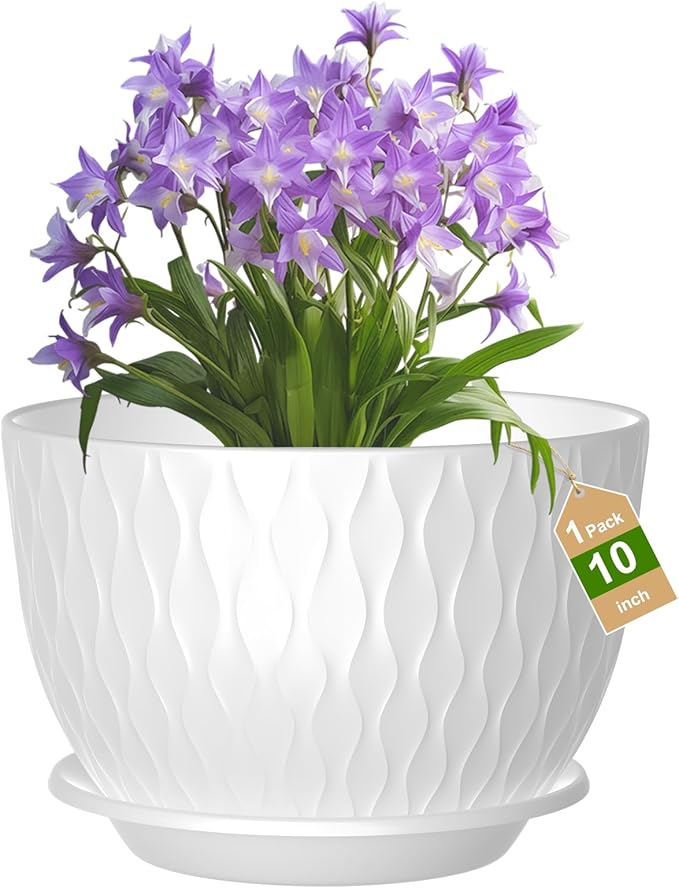 10 Inch Large Plant Pots, Flower Pots with Multi-Mesh Drainage Holes and Saucer, Plastic Planters for Indoor and Outdoor Garden Plants (White, 10")