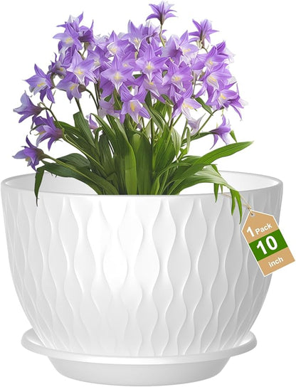 10 Inch Large Plant Pots, Flower Pots with Multi-Mesh Drainage Holes and Saucer, Plastic Planters for Indoor and Outdoor Garden Plants (White, 10")