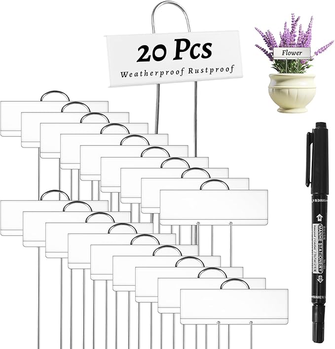20 PCS Metal Plant Labels for Outdoor Garden Weatherproof, Reusable Metal Plant Markers, for Plants Herb Seedlings Flowers (White)