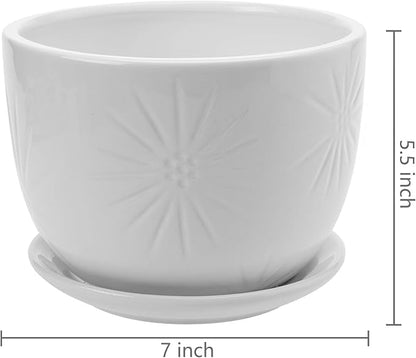 MyGift 7 Inch Round White Ceramic Plant Pot with Drainage Hole and Attached Saucer, Modern Decorative Embossed Sunburst Planter Container for Indoor Home Garden