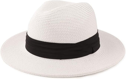 DRESHOW Women Straw Panama Hat Travel Fedora Beach Sun Hat Summer Wide Brim Straw Roll up Hat UPF 50+