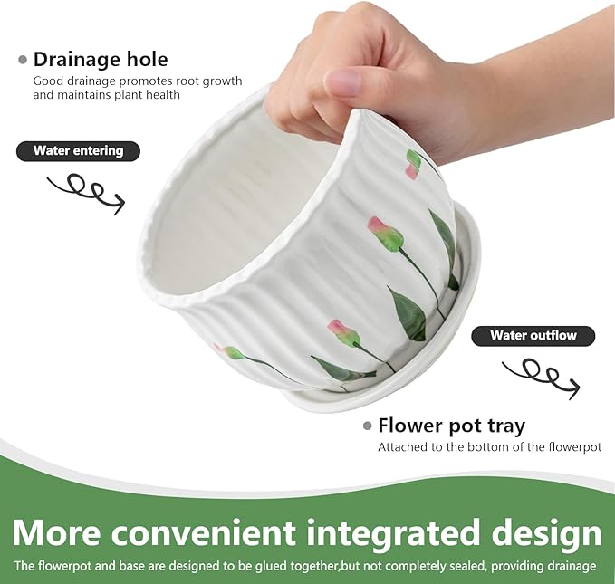 Plant Pots for Indoor Plants Set of 3, 4+5.3+6.7 Inch Ceramic Plant Pots with Drainage Hole，Cute Garden Pots Succulent Pots with Saucer
