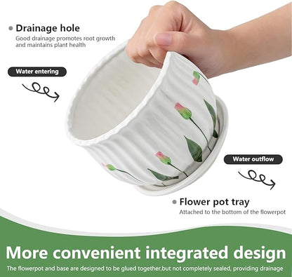 Plant Pots for Indoor Plants Set of 3, 4+5.3+6.7 Inch Ceramic Plant Pots with Drainage Hole，Cute Garden Pots Succulent Pots with Saucer