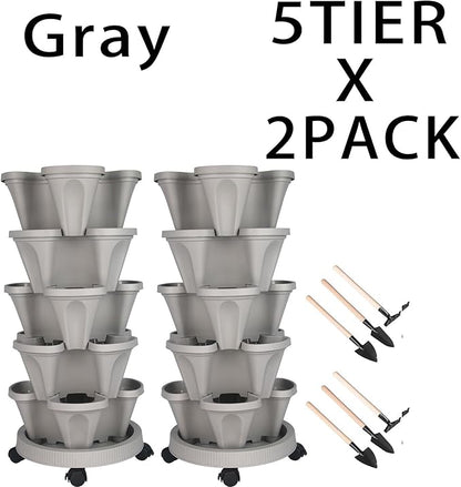 GameXcel Vertical Planter 5 Tier Stackable Planters Garden Planters Strawberry Herb Flower and Vegetable Planter Indoor Outdoor Gardening Pots with Removable Wheels and Tools 2-Pack